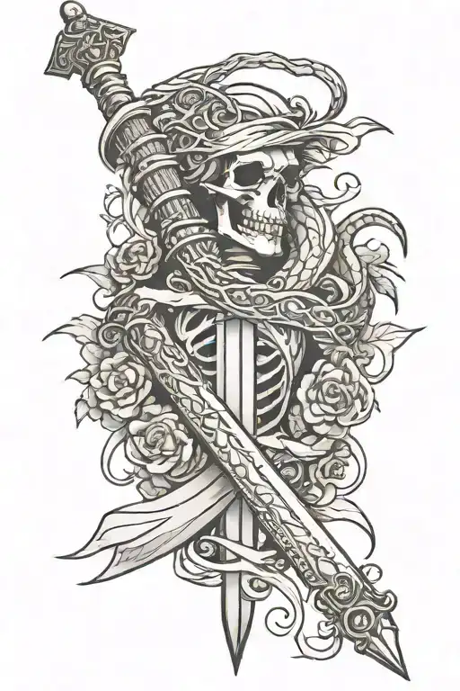 gothic sword with snake skeleton wrapped around it tattoo design idea