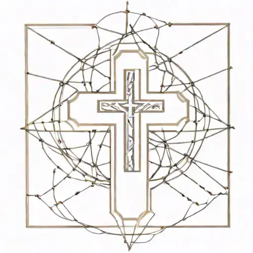 A detailed tattoo of a cross made out of guitar strings, symbolizing the client's devotion to Christ and love for music tattoo design idea