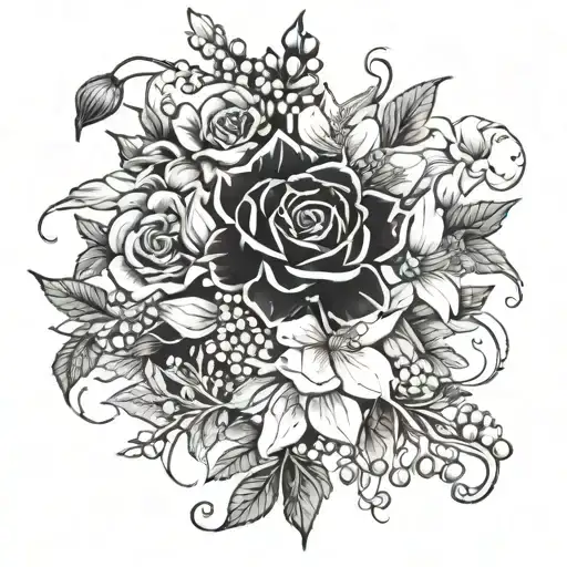 A bouquet of Roses, Honeysuckle, Lily of the valley, Hawthorn, narcissus, and holly flowers intertwined to create a beautiful and intricate floral design tattoo design idea