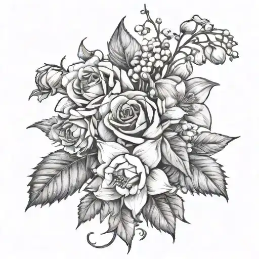 Create a bouquet of Roses, Honeysuckle, Lily of the valley, Hawthorn, narcissus, and holly flowers tattoo design idea