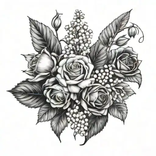 a bouquet of Roses, Honeysuckle flower, Lily of the valley flower, Hawthorn flower, narcissu flower, and holly flowers tattoo design idea