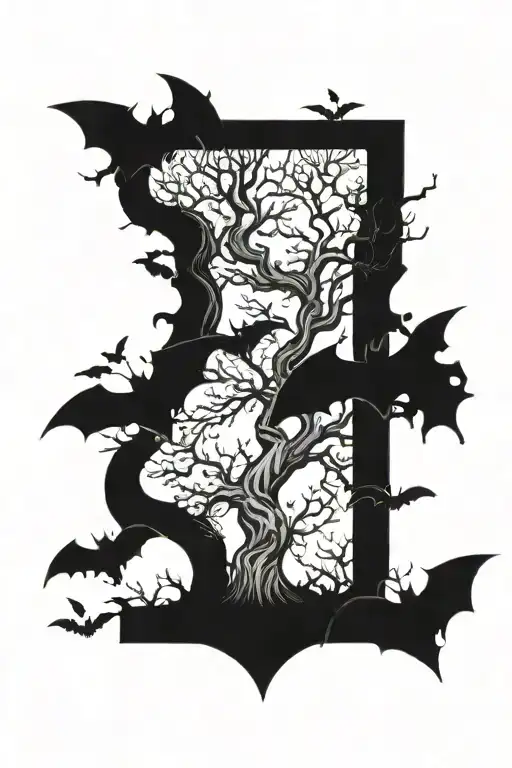 poison tree with bats flying tattoo design idea