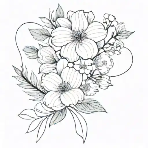 fine line flower bouquet with the september, may, july, and august birth flowers tied with a ribbon  tattoo design idea