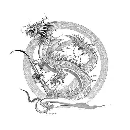 Dragon with skulls in Japanese art tattoo design idea