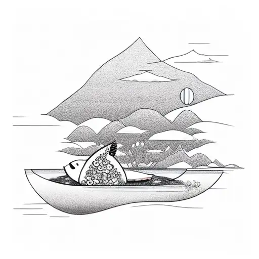 A serene lake landscape with a sushi boat floating in the middle tattoo design idea
