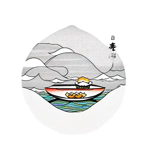 A serene lake landscape with a sushi boat floating in the middle tattoo design idea