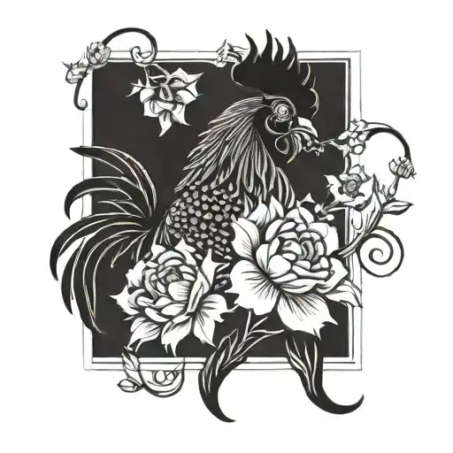black rooster and flowers intertwined tattoo design idea