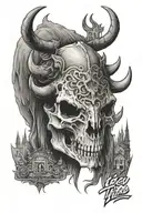 front view design of plain bison skull tatto with the legend "This is the place" written in the forehead tattoo design idea