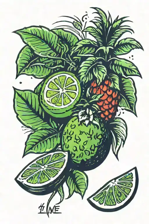 lime, watermelon, pineapple, palm tree, strawberry  tattoo design idea