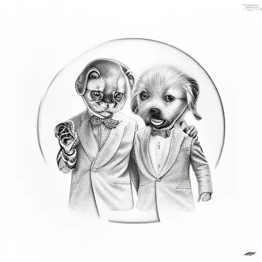 A lifelike portrait of Bean and Theo sitting inside a vintage car, capturing their joyful expressions tattoo design idea