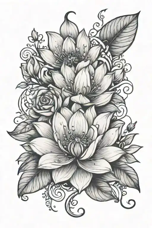 An outer thigh tattoo with a lotus flower just above the knee, a rose on the hip and some snowdrop flowers in between. tattoo design idea