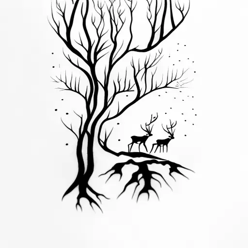 Road with deer and forest behind tattoo design idea