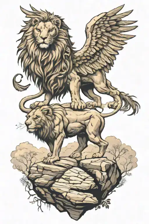 A lion with wings on a rock and above him a griffin. tattoo design idea