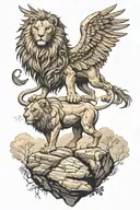 A lion with wings on a rock and above him a griffin. tattoo design idea