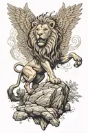 A lion with wings on a rock and above him a griffin. tattoo design idea