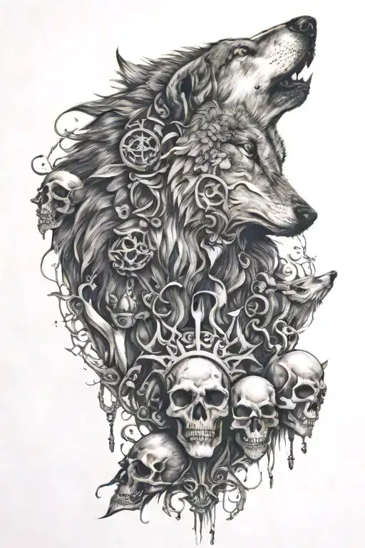 Wolf and skulls surrounded tattoo design idea