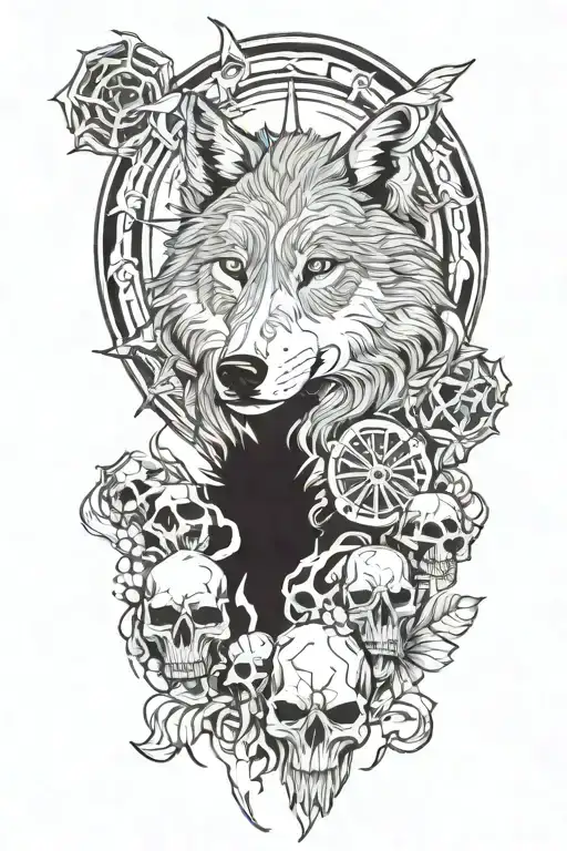 Wolf and skulls surrounded tattoo design idea