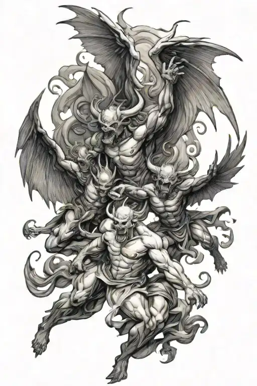 Demons fighting angels flying tattoo design idea