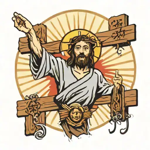 Jesus on a cross with INRI written above his head on a wooden tablet. sun shining upon him tattoo design idea