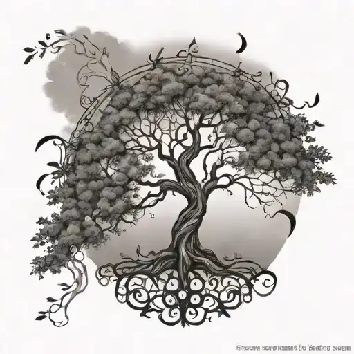 Design a tree of life with intricate details representing never giving up in a black-grey style tattoo design idea