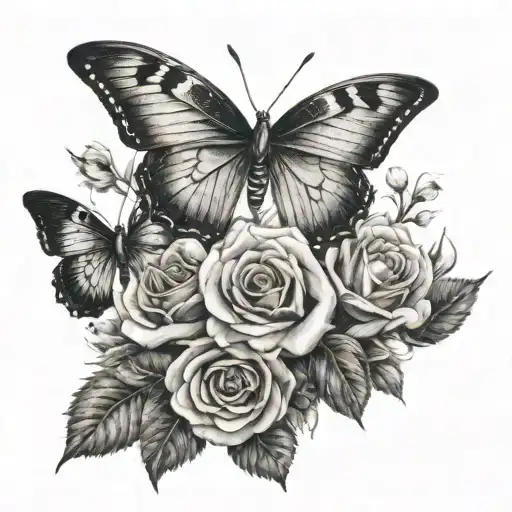 roses and cross and butterflys flying tattoo design idea