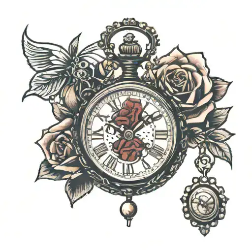 pocket watch, rosary and roses tattoo design idea