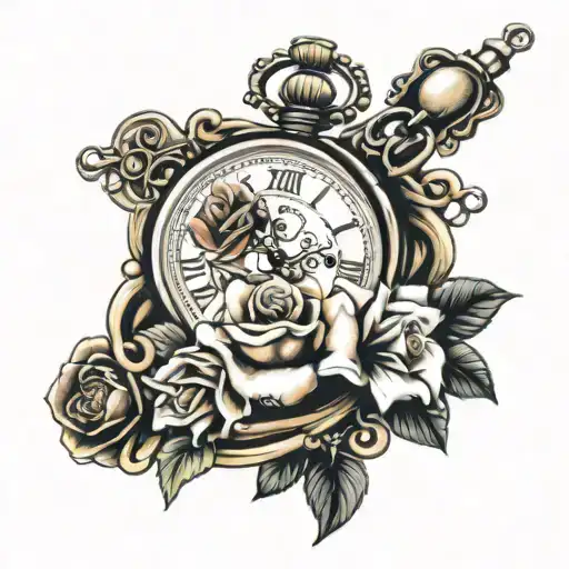 pocket watch, rosary and roses tattoo design idea