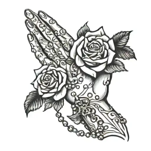 praying hands holding rosary with roses  tattoo design idea