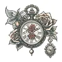pocket watch, rosary and roses tattoo design idea