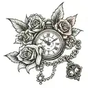 pocket watch, rosary and roses tattoo design idea