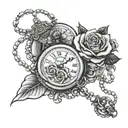 pocket watch, rosary and roses tattoo design idea