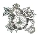 pocket watch, rosary and roses tattoo design idea