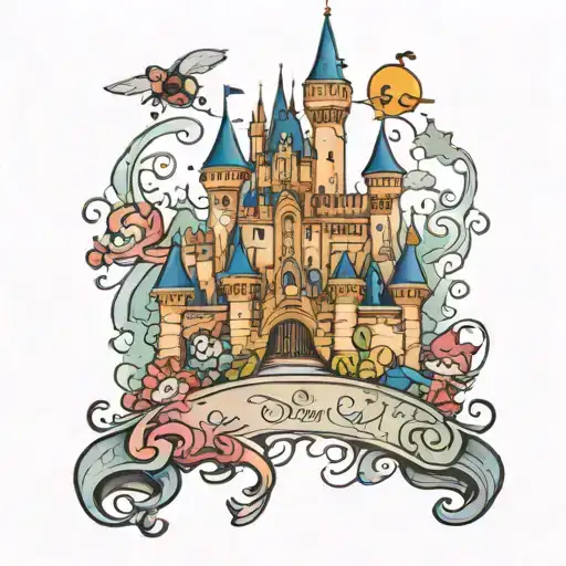 disney castle with characters involved  tattoo design idea