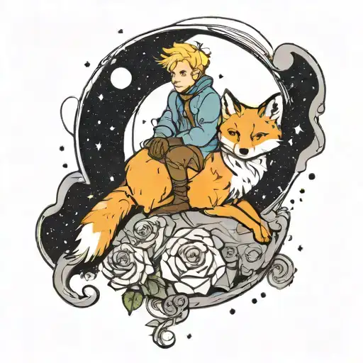 le petit prince. he is sitting on a planet that is in the shape of a curled up fox. the rose from the story is there tattoo design idea