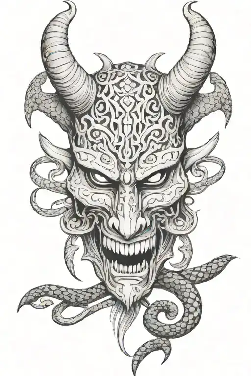 mask that represent a horned Deamon with the shadow snake, the pattern of the snake pattern should merge with the mask tattoo design idea