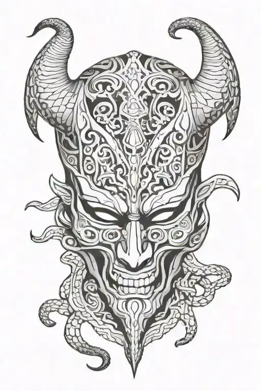 mask that represent a horned Deamon with the shadow snake, the pattern of the snake pattern should merge with the mask tattoo design idea