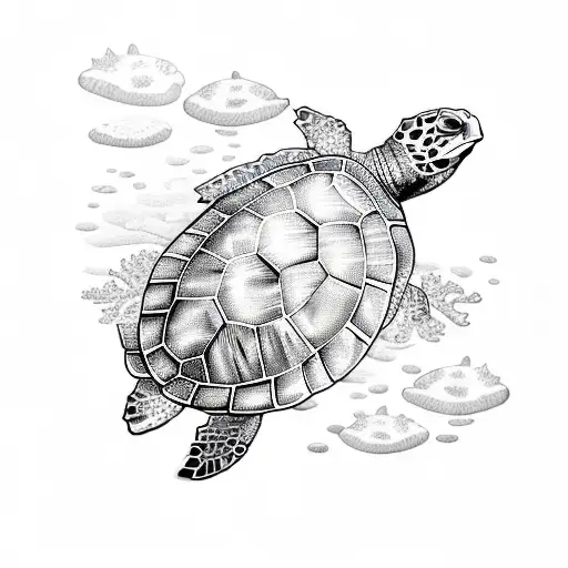 A majestic sea turtle swimming through a vibrant coral reef surrounded by tropical plants and flowers tattoo design idea