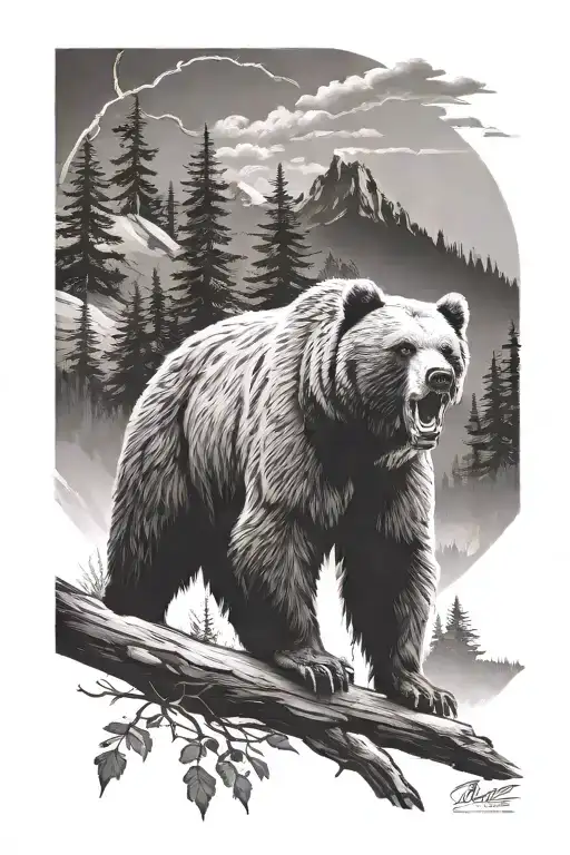 roaring angry  bear nature scene  tattoo design idea