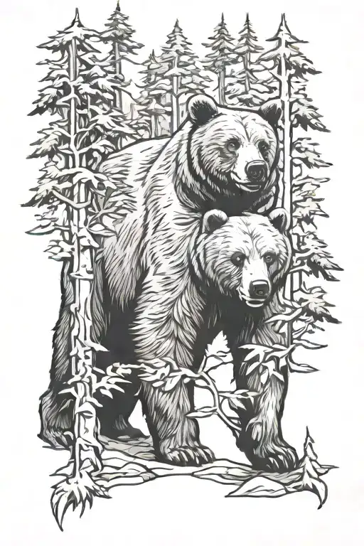 Bear with forest scene tattoo design idea