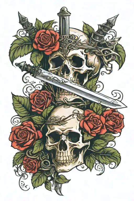 sword through skull with red roses and green leafs around tattoo design idea