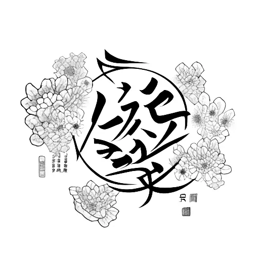 Chinese calligraphy of the word 'nurse' surrounded by delicate flowers tattoo design idea