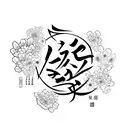 Chinese calligraphy of the word 'nurse' surrounded by delicate flowers tattoo design idea