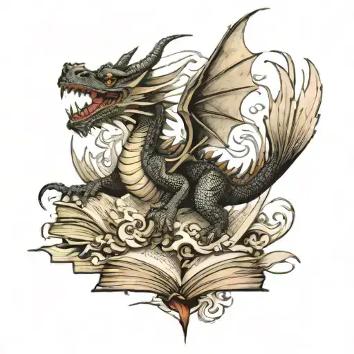 old school dragon flying out of a book pages turning into birds tattoo design idea