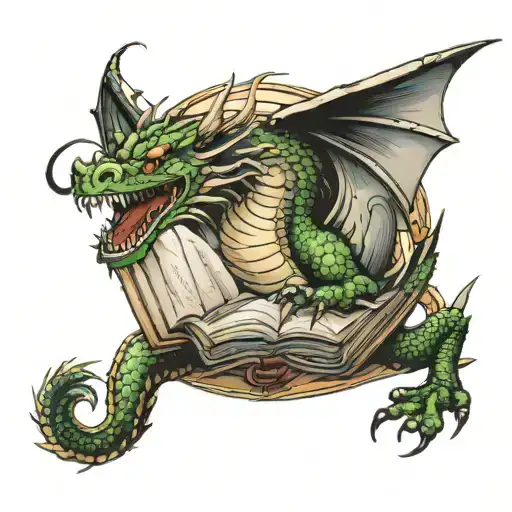 old school dragon flying out of a book pages tattoo design idea