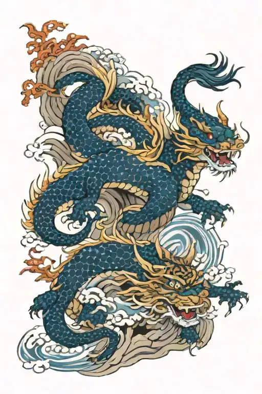 japanese dragon, koi, tiger, fu dog surrounded tattoo design idea
