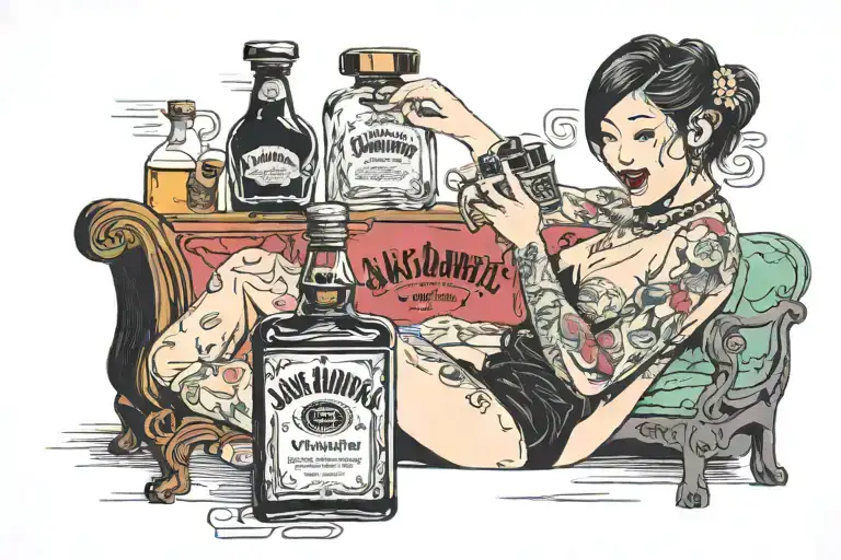horny woman fingering herself infront of jack daniels bottle with mimics that laughs at her tattoo design idea