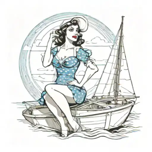 lady, pinup, sailboat, ocean tattoo design idea