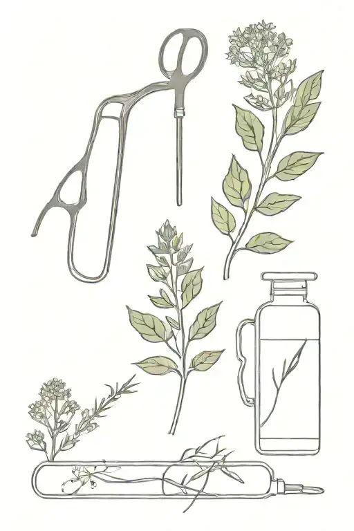 herbs and medical tools intertwined tattoo design idea