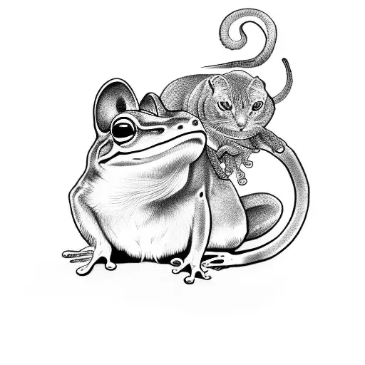Create a tattoo featuring a frog, rat, and cat in a Japanese monster and god theme tattoo design idea