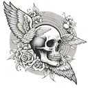 A skull tattoo with a small angel wing and halo, in memory of the child lost at birth, with subtle images of doves flying around to symbolize peace and parenthood tattoo design idea